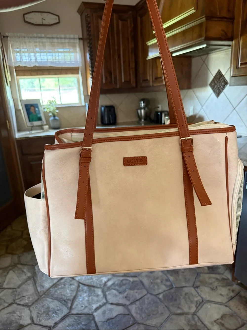 LASAVIN Soft-Sided Pet Carrier Tote Cream & Brown Small Dog/Cat Travel Bag